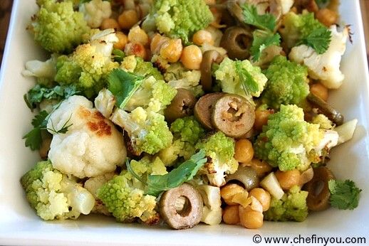 Roasted Broccoli Cauliflower with Chickpeas and olives