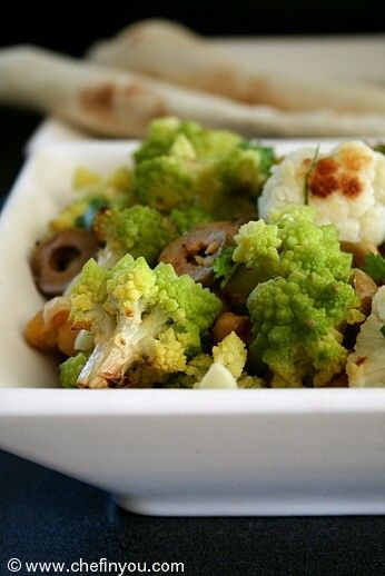 Roasted Broccoli Cauliflower with Chickpeas and olives