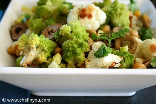 Roasted Broccoli Cauliflower with Chickpeas and olives