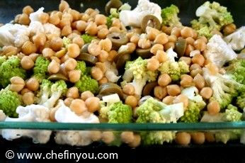 Roasted Broccoli Cauliflower with Chickpeas and olives