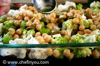 Roasted Broccoli Cauliflower with Chickpeas and olives