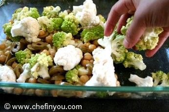 Roasted Broccoli Cauliflower with Chickpeas and olives