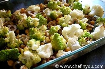 Roasted Broccoli Cauliflower with Chickpeas and olives