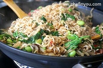 Vegetarian Lo mein with Mustard greens and Edamame recipe