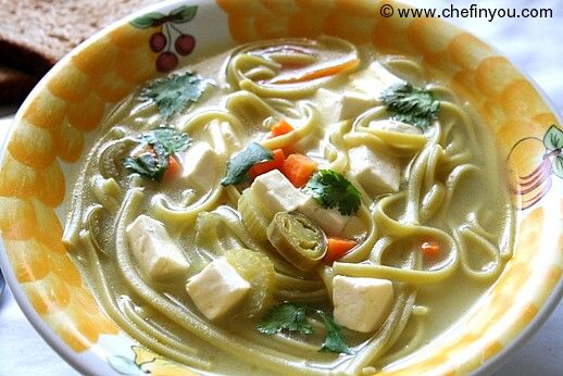 Spinach Spaghetti Pasta soup with Paneer recipe