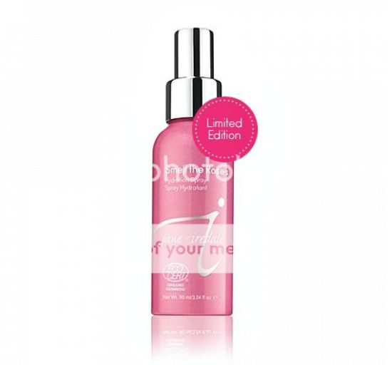 Jane Iredale Smell the Roses hydrating face spray for breast cancer awareness month.