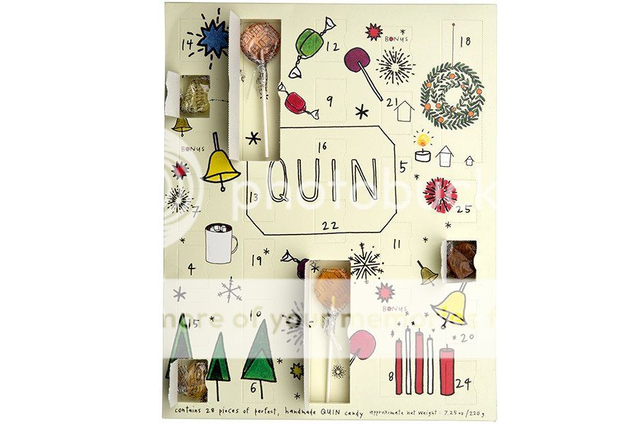 Festive and fun advent calendar: Quin Candy holiday countdown advent calendar is filled with handmade candies, like vanilla bean caramels, juicy fruit chews, and gem-like lollipops. 
