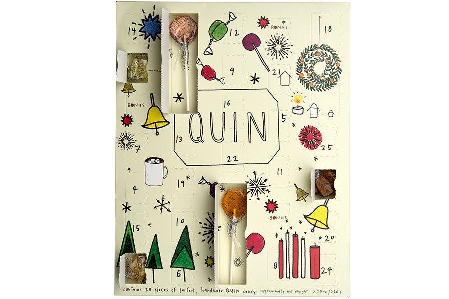 Festive and fun advent calendar: Quin Candy holiday countdown advent calendar is filled with handmade candies, like vanilla bean caramels, juicy fruit chews, and gem-like lollipops. 