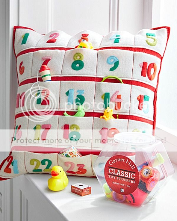 Festive and fun advent calendars: This colorful Advent Calendar Felt Pillow from Garnet Hill is a fun way to count down to the Big Day.