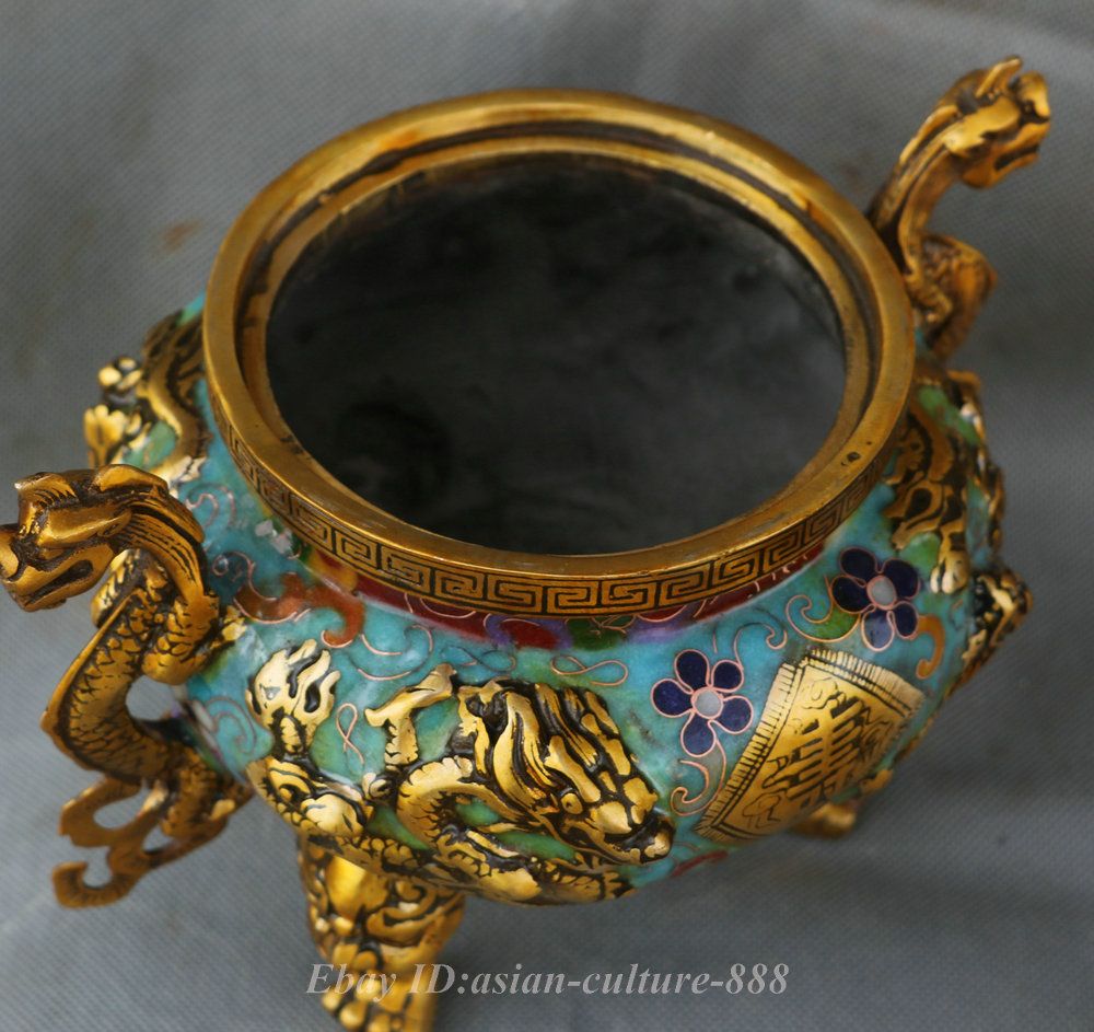 8/" Chinese Dynasty Bronze Cloisonne Enamel Dragon Fu Shou Incense Burner Censer